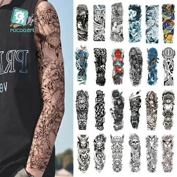 Rocooart Черные Временные Тату-наклейки для мужчин, Татуировка на рукаве, полный боди-арт, 6x48 см, Дизайн Черепа, Большие водонепроницаемые Тату