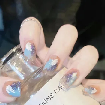 24шт французских коротких модных накладных ногтей элегантного дизайна с полным покрытием, нанесенных на синие квадратные накладные ногти, инструменты для маникюра и нейл-арта 