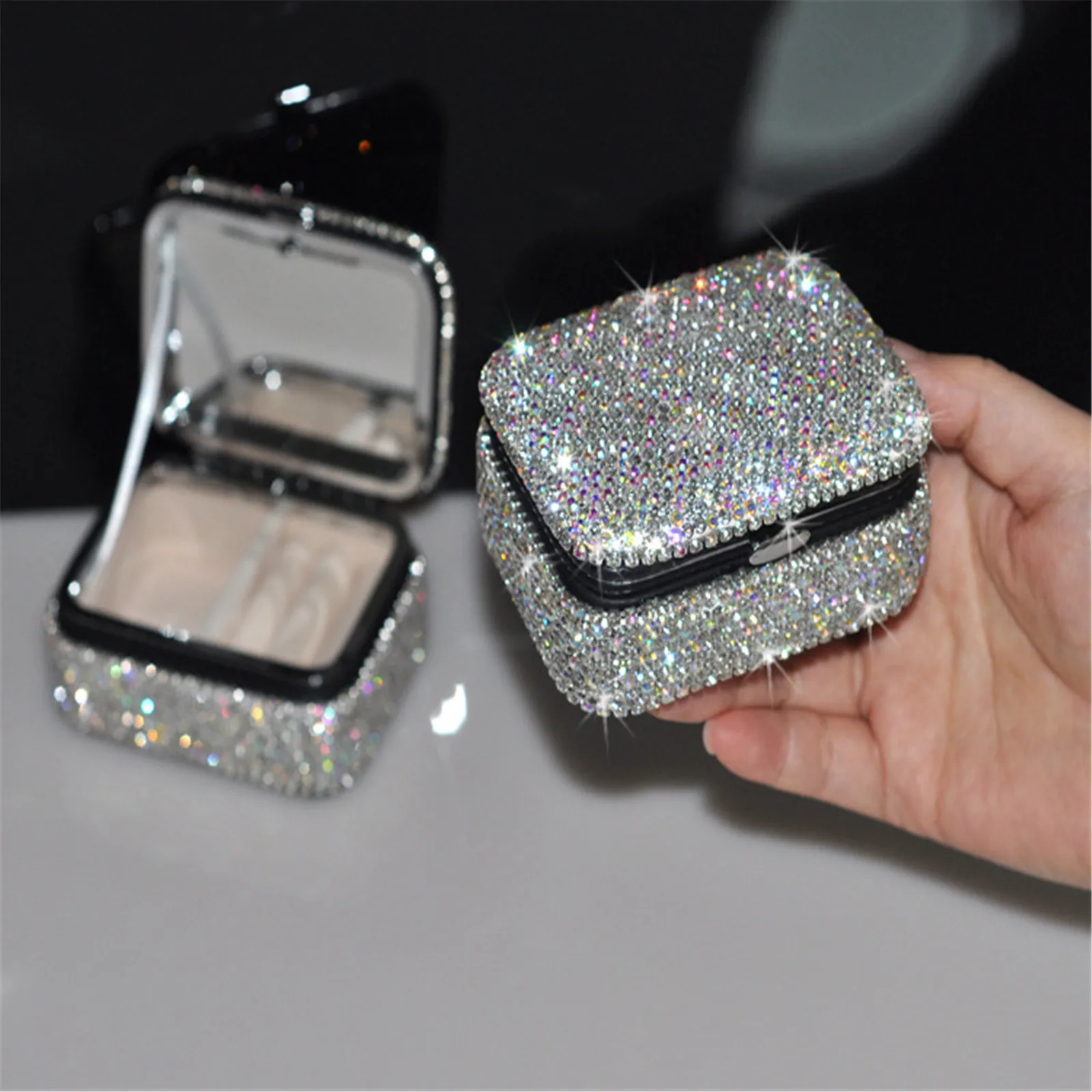 Шкатулка для украшений с зеркалом роскошные полный алмазов серьги кольца ожерелье хранения организатор портативный путешествия макияж сумка для женщин подарки