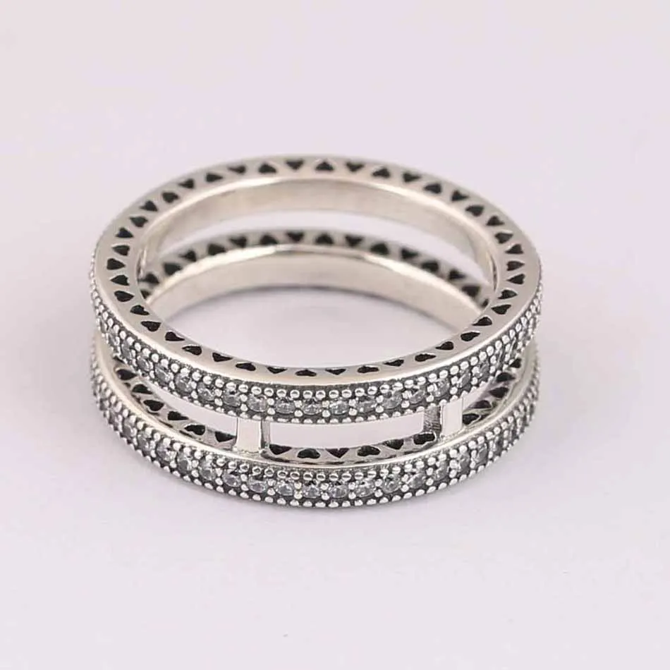 Двухслойные сердечки с хрустальным кольцом для женщин, аутентичные женские украшения из стерлингового серебра S925 пробы, подарок девушке на день рождения
