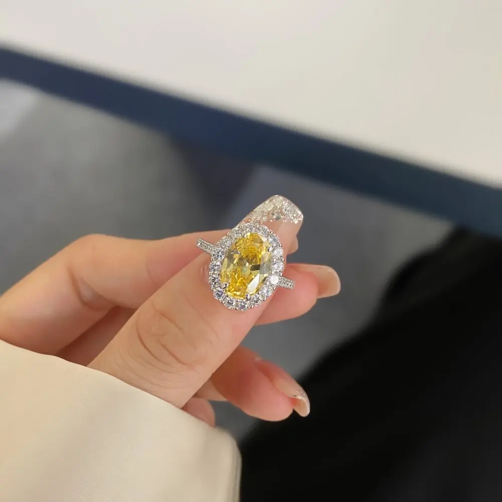 Кольцо из стерлингового серебра 925 пробы Женское супер блестящее 8A Желтый ледяной цветок Цирконий Высокоуглеродистая дрель Не выцветает Высокие ювелирные изделия