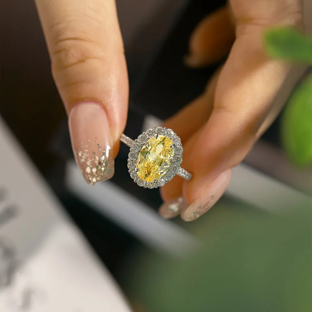 Кольцо из стерлингового серебра 925 пробы Женское супер блестящее 8A Желтый ледяной цветок Цирконий Высокоуглеродистая дрель Не выцветает Высокие ювелирные изделия
