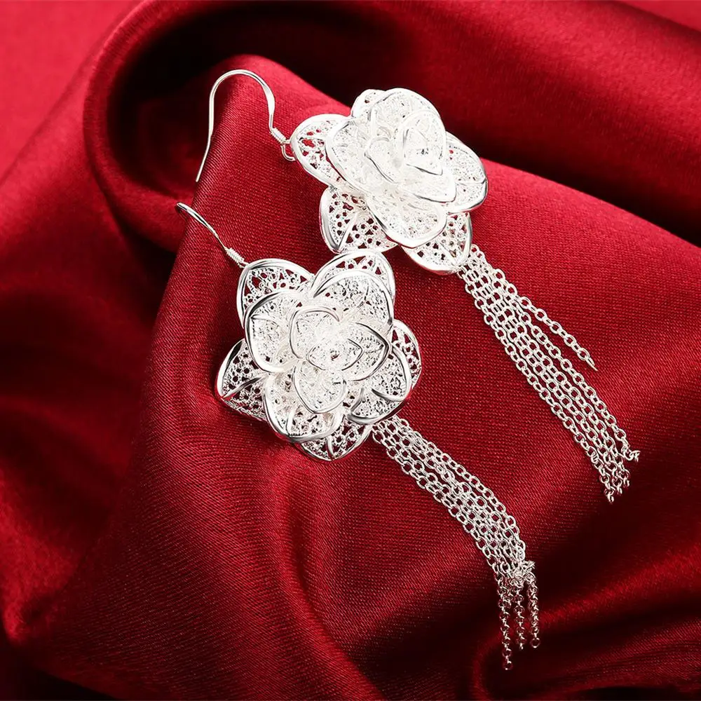 Подвески прекрасный большой цветок Стерлингового Серебра 925 Пробы серьги ожерелье кольцо браслет Комплект ювелирных изделий для женщин Мода Вечеринка свадьба благородный Подарок