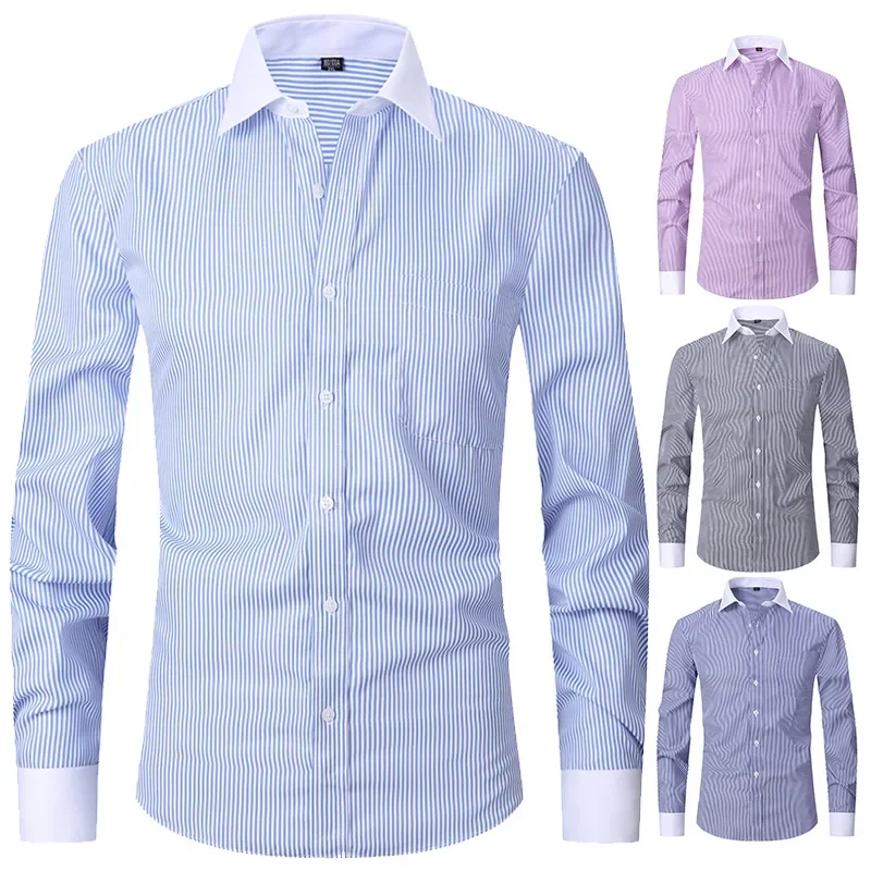 Большой размер 6XL 2023 Весна / лето, Новая французская рубашка, мужская хлопковая Удобная деловая одежда без утюга, длинный рукав, сплошная полоса