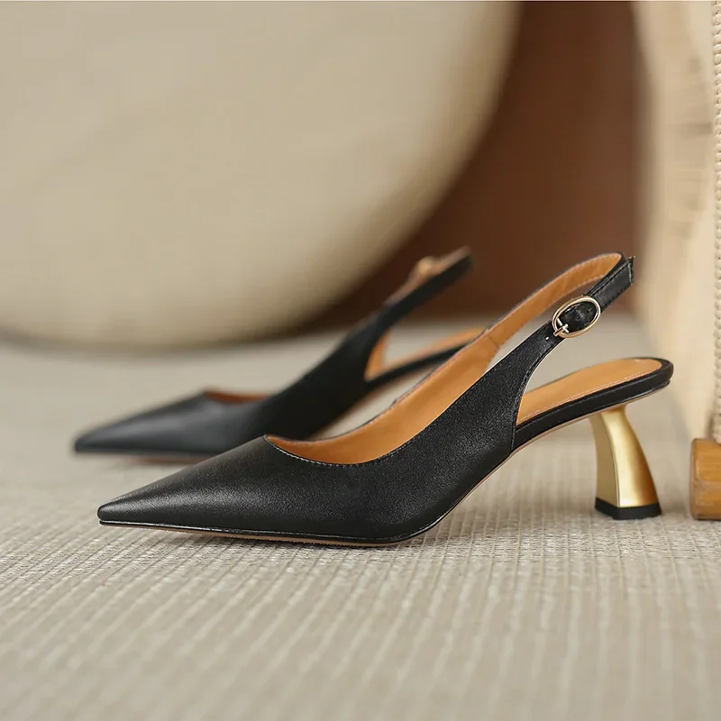 Новые летние женские туфли с острым носком, босоножки на толстом каблуке с пряжкой сзади, женские туфли-лодочки из натуральной кожи
