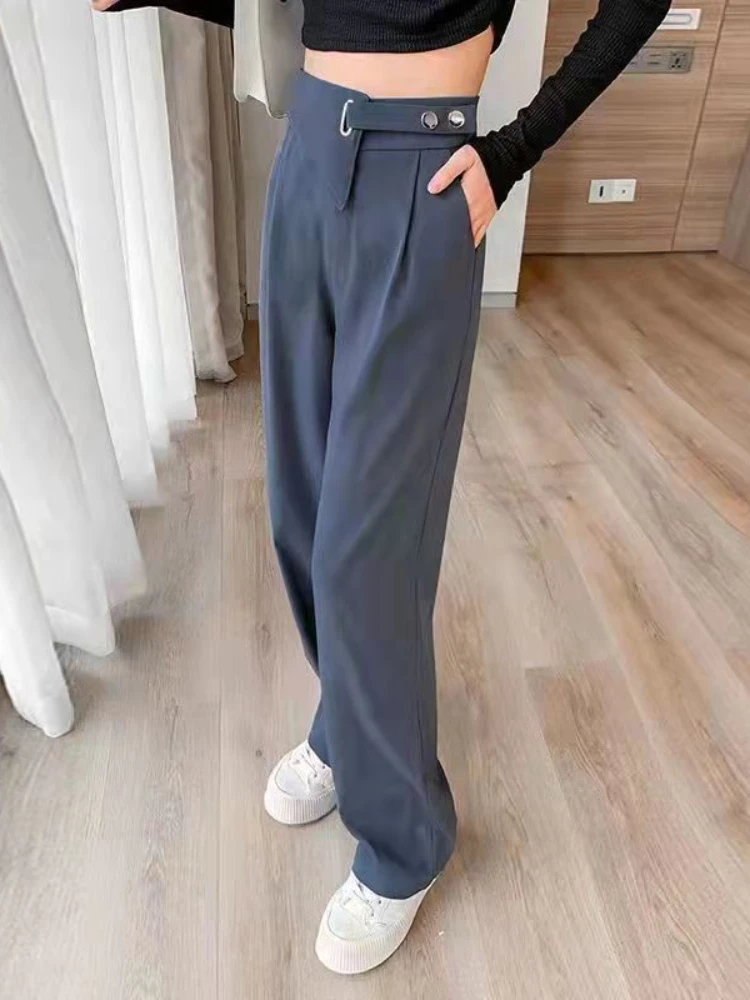 Прямые брюки Для женщин, свободные Офисные Женские длинные брюки с высокой талией, шикарный дизайн, популярные Корейские винтажные универсальные Гладкие брюки BF