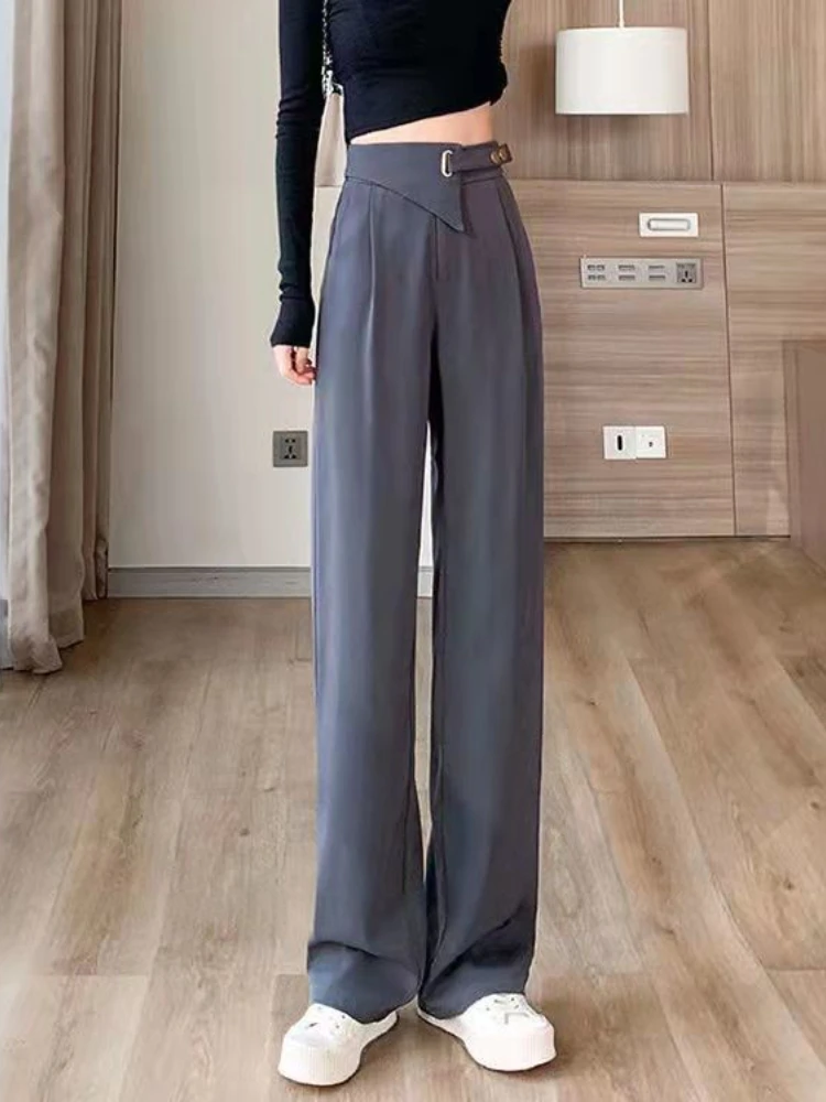 Прямые брюки Для женщин, свободные Офисные Женские длинные брюки с высокой талией, шикарный дизайн, популярные Корейские винтажные универсальные Гладкие брюки BF