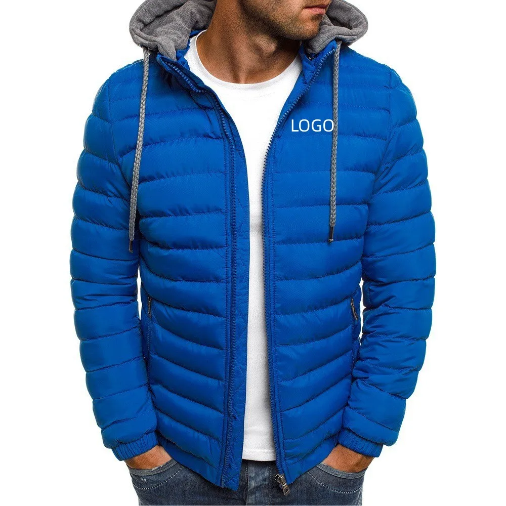 Мужская хлопчатобумажная одежда с логотипом на заказ, зимнее мужское однотонное теплое пальто с длинным рукавом, модная мужская верхняя одежда на молнии с капюшоном