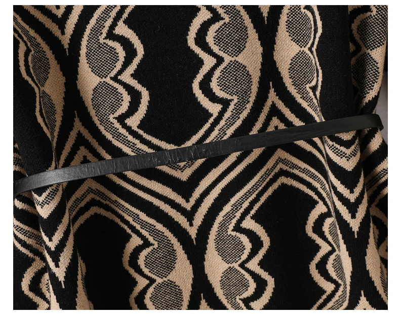 Женское трикотажное платье-свитер А-силуэта с нерегулярным принтом длиной до колен, осеннее Новое модное элегантное вязаное платье с поясом