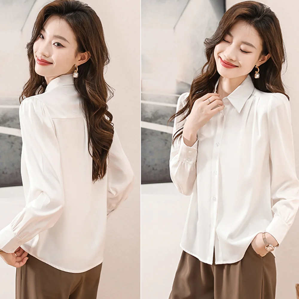 2023 Новая Осенняя Корейская Офисная Женская Элегантная рубашка, блузка, Женская модная атласная рубашка на пуговицах, Винтажные Белые рубашки с длинным рукавом, Топ