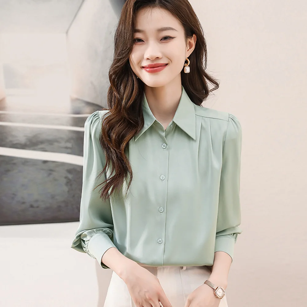2023 Новая Осенняя Корейская Офисная Женская Элегантная рубашка, блузка, Женская модная атласная рубашка на пуговицах, Винтажные Белые рубашки с длинным рукавом, Топ