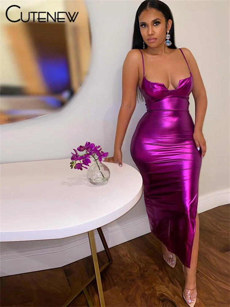 Cutenew Y2K Неон фиолетовый клуба ремень длинное платье для женщин сексуальная спинки без рукавов тощий стрейч Леди отпуск макси платья