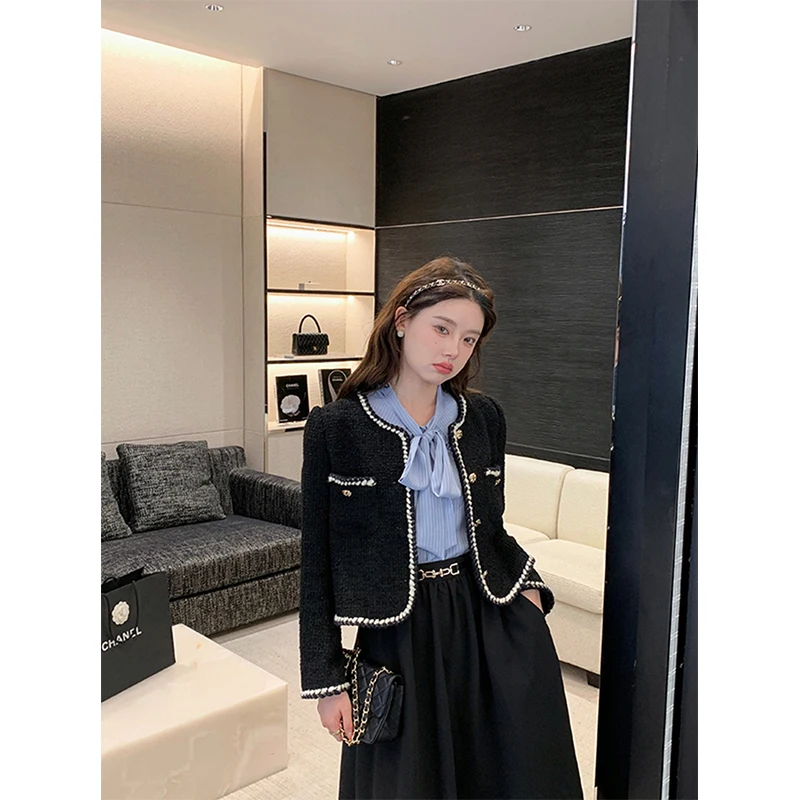 Винтажные куртки MEXZT, Женское черное твидовое укороченное пальто, Корейский элегантный утепленный однобортный блейзер, повседневная короткая верхняя одежда, топы