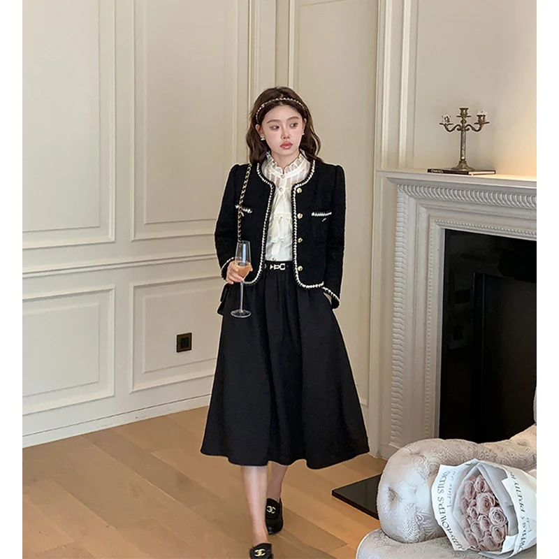 Винтажные куртки MEXZT, Женское черное твидовое укороченное пальто, Корейский элегантный утепленный однобортный блейзер, повседневная короткая верхняя одежда, топы