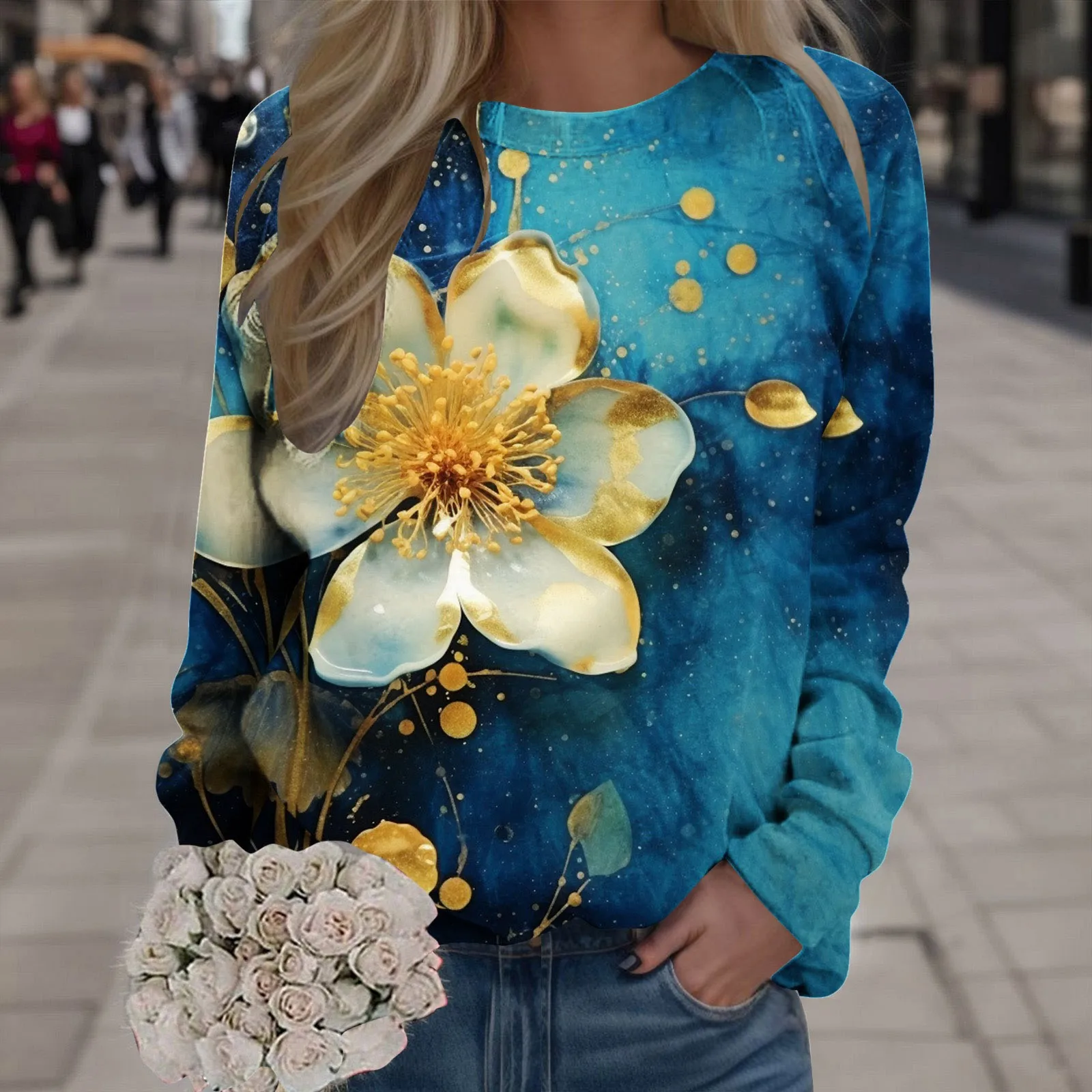 Женские толстовки в стиле бохо, пуловер с круглым вырезом и цветочным принтом, свободные футболки для дам, осенне-зимние женские свитшоты