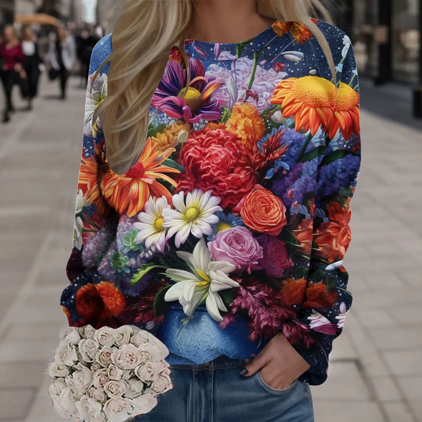 Женские толстовки в стиле бохо, пуловер с круглым вырезом и цветочным принтом, свободные футболки для дам, осенне-зимние женские свитшоты