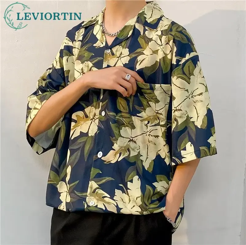 Винтажная Гавайская рубашка с коротким рукавом, мужские Летние Пляжные рубашки на пуговицах с принтом листьев, Модный Повседневный Уличный топ Harajuku 2023 г.