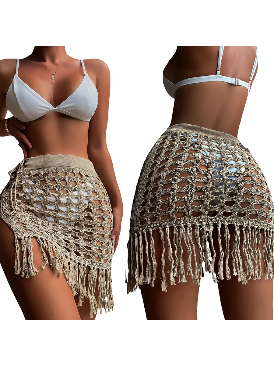 Женская пляжная юбка-накидка крючком Сексуальная Открытая сетка с кисточками, трикотажная накидка, прозрачные купальники Макси-саронг