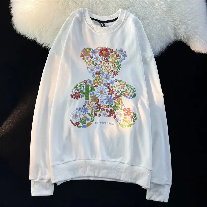 Эстетичный Цветочный Медведь, Роскошная Толстовка с вышивкой, Женский Кавайный пуловер с длинным рукавом, Топы Y2K, Корейские модные Зимние топы.