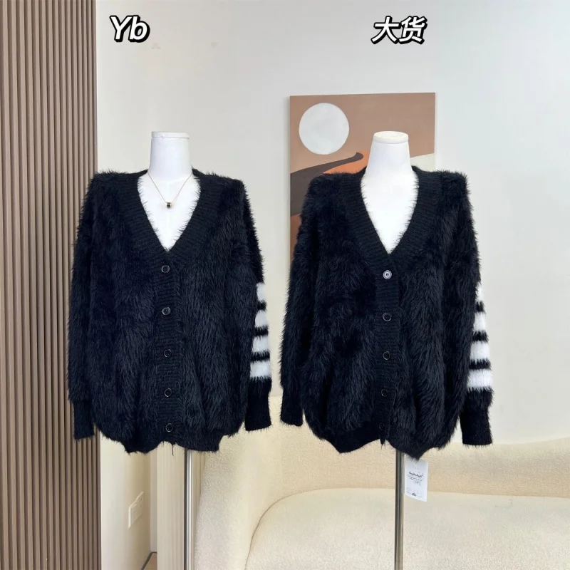 Черный кашемировый кардиган с имитацией норки с V-образным вырезом, свитер, верхняя одежда для женщин, осенний свободный кардиган, свитер средней длины, женские топы
