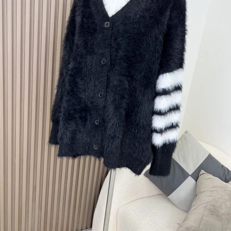 Черный кашемировый кардиган с имитацией норки с V-образным вырезом, свитер, верхняя одежда для женщин, осенний свободный кардиган, свитер средней длины, женские топы