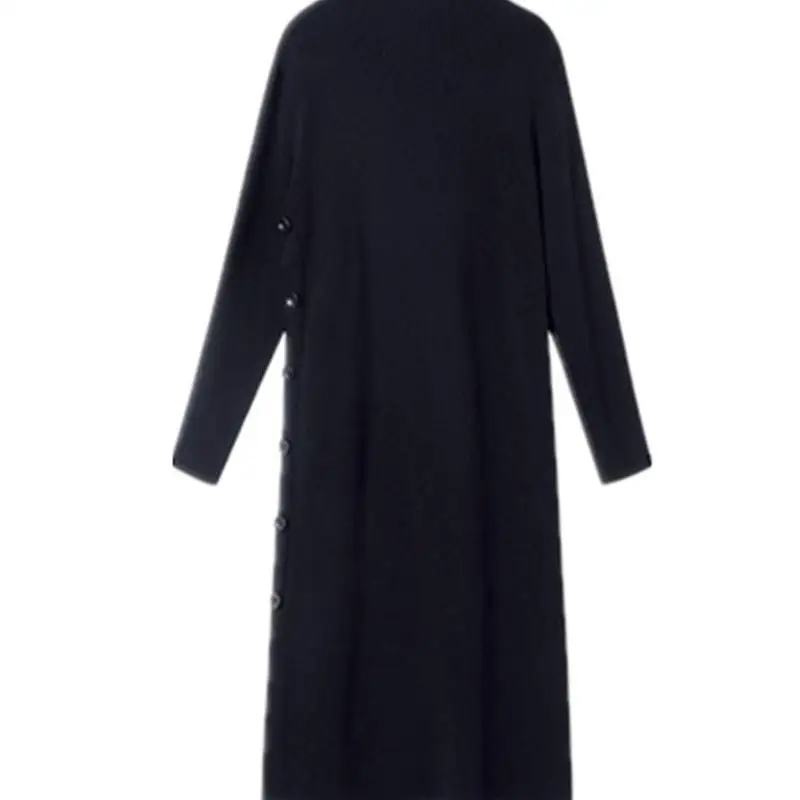 Осенне-зимнее женское платье из однотонного трикотажа с боковыми пуговицами, стоячий вырез, длинный рукав, приталенная прямая юбка-труба, B795