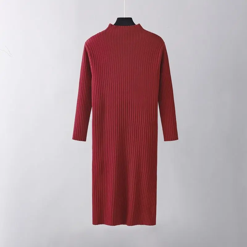 Осенне-зимнее женское платье из однотонного трикотажа с боковыми пуговицами, стоячий вырез, длинный рукав, приталенная прямая юбка-труба, B795