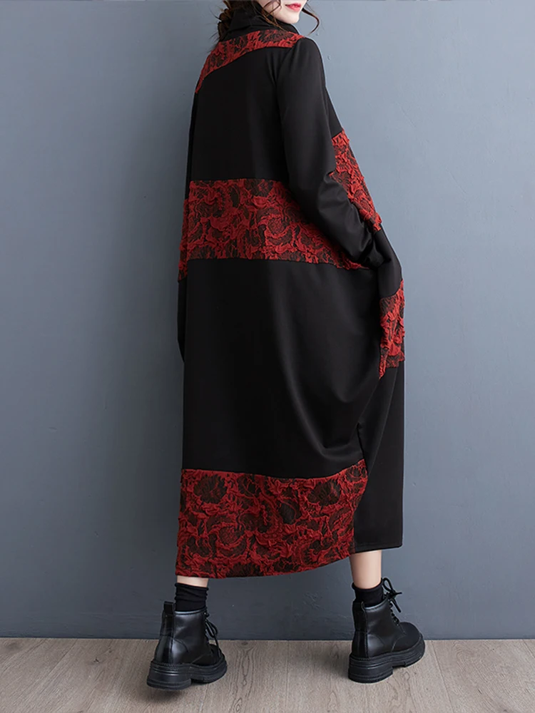 NYFS 2023 Новое Осенне-Зимнее Женское Платье Vestidos Robe Elbise Свободные Длинные Платья в стиле Пэчворк С Цветами Размера Плюс