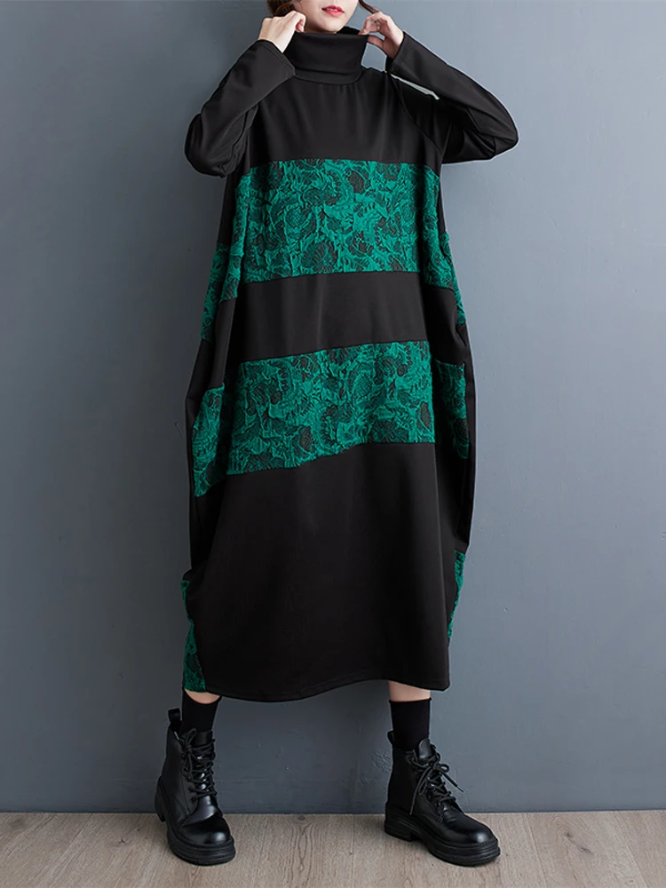NYFS 2023 Новое Осенне-Зимнее Женское Платье Vestidos Robe Elbise Свободные Длинные Платья в стиле Пэчворк С Цветами Размера Плюс