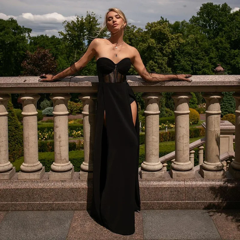 Элегантное Женское длинное платье в стиле пэчворк из сетки без бретелек с высоким разрезом 2024, уличная одежда, женские туники, вечерние платья для вечеринок, Черные