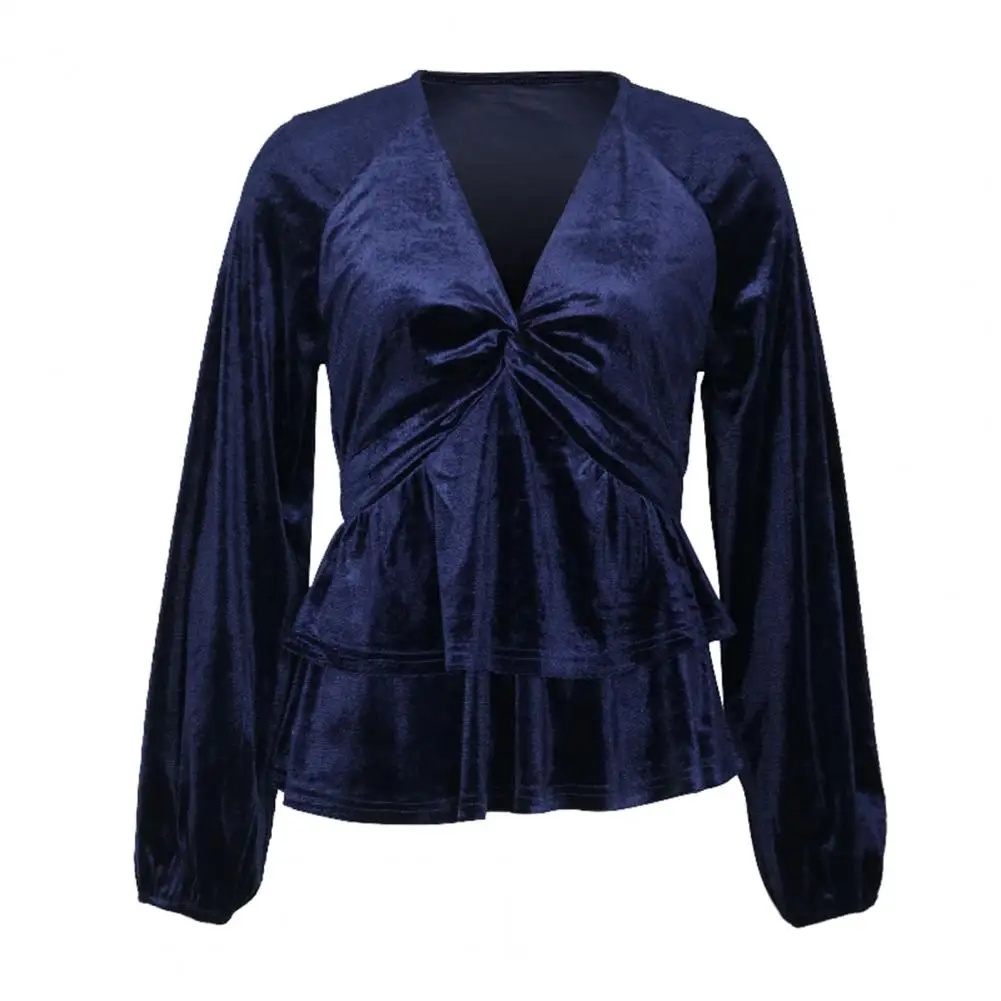 Плиссированная рубашка, бархатная женская рубашка с V-образным вырезом, оборчатый бюст, Тонкая талия, блузка с длинными рукавами, весна-осень, однотонный женский топ