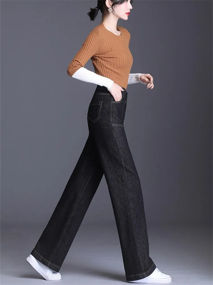 Широкие джинсовые брюки с высокой талией, женские джинсы, Весна-осень, Элегантные Шикарные Тонкие повседневные прямые брюки, Офисные женские M-7XL 2091