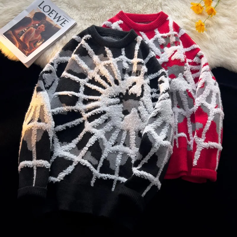 Y2K, Уличная одежда в американском стиле, Мужские вязаные пуловеры, Осенний Мужской свитер оверсайз с изображением Паука, пальто Moletons Masculinos