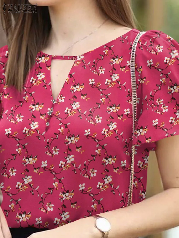 ZANZEA Элегантная блузка с цветочным принтом, расклешенные рукава, блузки с круглым вырезом, Женские повседневные туники с вырезами, Топы, рубашка для праздничных вечеринок, оверсайз