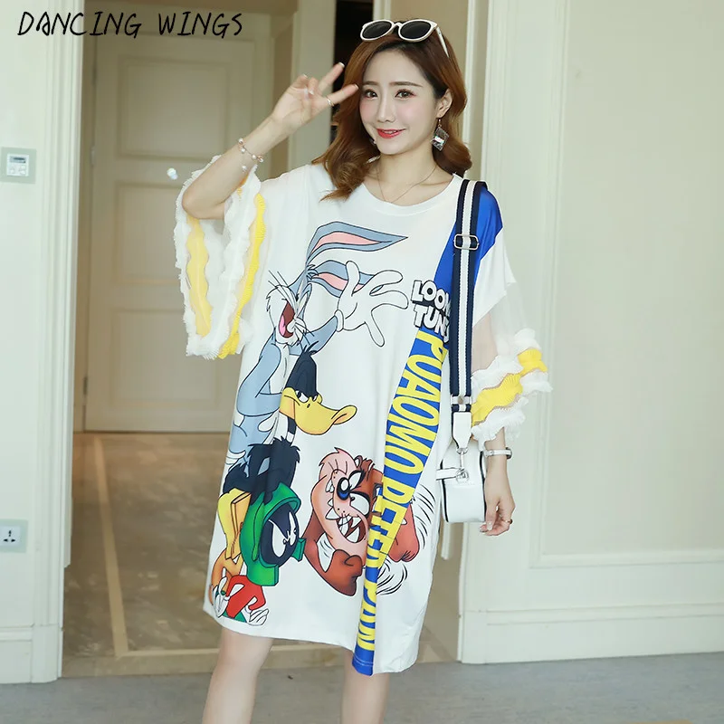 Летние платья-футболки с мультяшным принтом, свободное сетчатое платье в стиле пэчворк с расклешенными рукавами