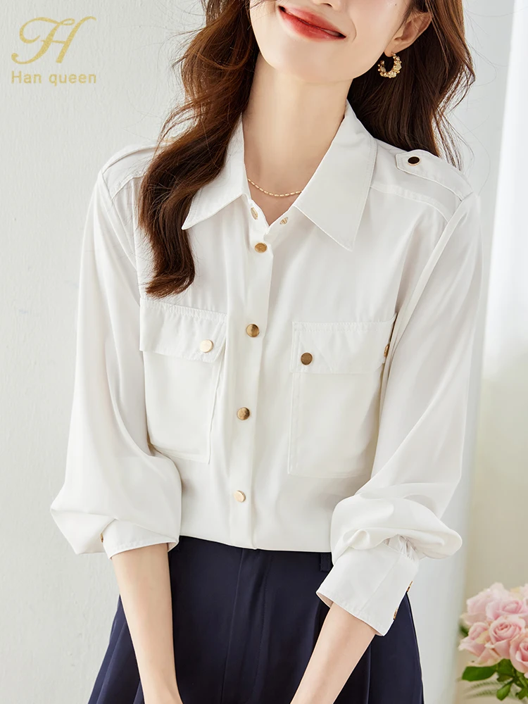 H Han Queen 2023 Осенняя рубашка с простыми основами, женские блузки, Винтажные повседневные топы, Шифоновая блузка, Корейская свободная рубашка с длинным рукавом