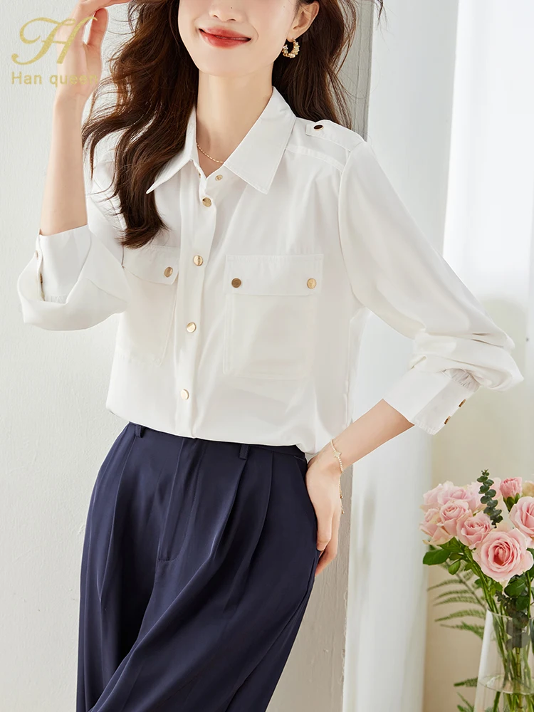 H Han Queen 2023 Осенняя рубашка с простыми основами, женские блузки, Винтажные повседневные топы, Шифоновая блузка, Корейская свободная рубашка с длинным рукавом