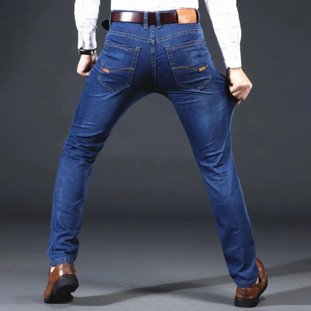 Мужские джинсы Прямые Тонкие эластичные до середины талии Дышащие Карманы для повседневной носки Джинсовые однотонные Длинные брюки Мужская одежда