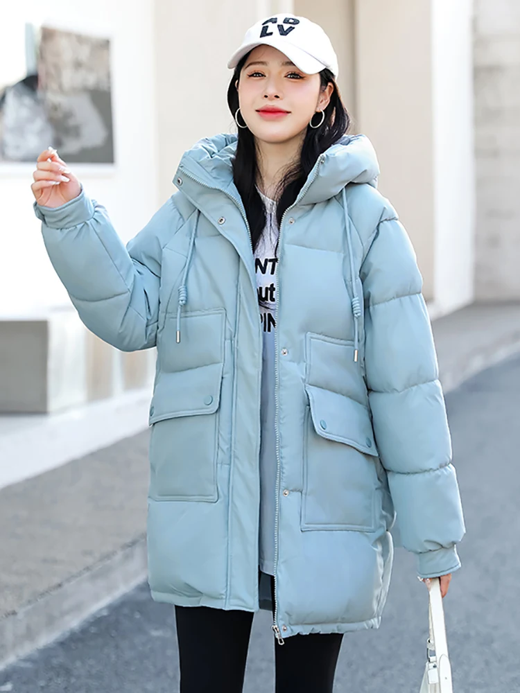 2023 Женская пуховая куртка Зимняя в корейском стиле, длинное тонкое пальто на молнии с капюшоном, Парки с хлопковой подкладкой, одежда Женская верхняя одежда