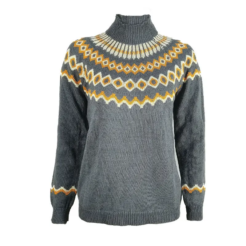 Женский вязаный жаккардовый свитер, пуловер с высоким воротом, свободного кроя, новинка, осень и зима