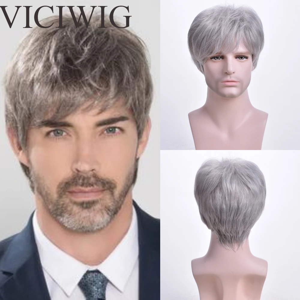 VICWIG Мужской Короткий Прямой парик Серебристо-серый Синтетический парик для мужских волос, Ворсистость, Реалистичные Натуральные парики