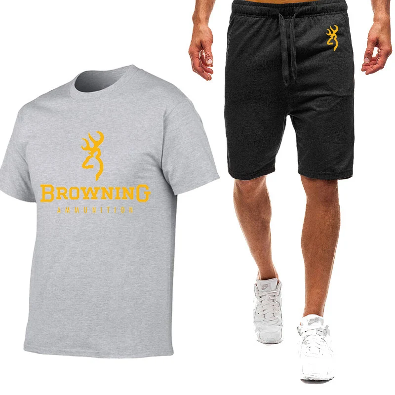 Летние Мужские быстросохнущие футболки с коротким рукавом и логотипом BROWNING с принтом 2023 Summer + Комплект спортивных штанов с эластичным поясом и завязками