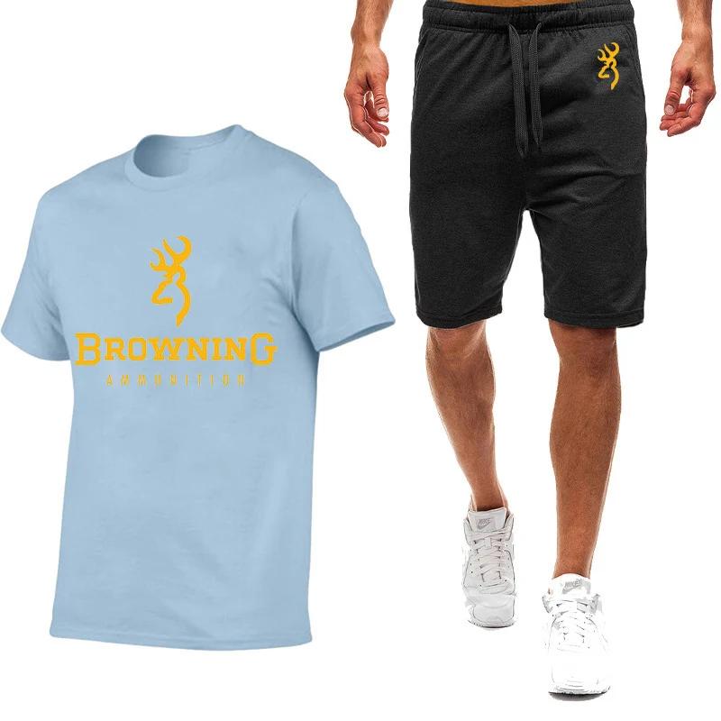 Летние Мужские быстросохнущие футболки с коротким рукавом и логотипом BROWNING с принтом 2023 Summer + Комплект спортивных штанов с эластичным поясом и завязками