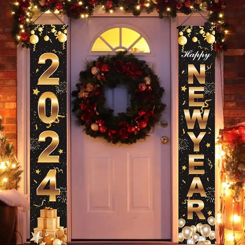Баннер на входной двери с Новым Годом, черные Золотые флаги, Новогодние украшения для вечеринки, тематический декор для фермерского дома, в помещении