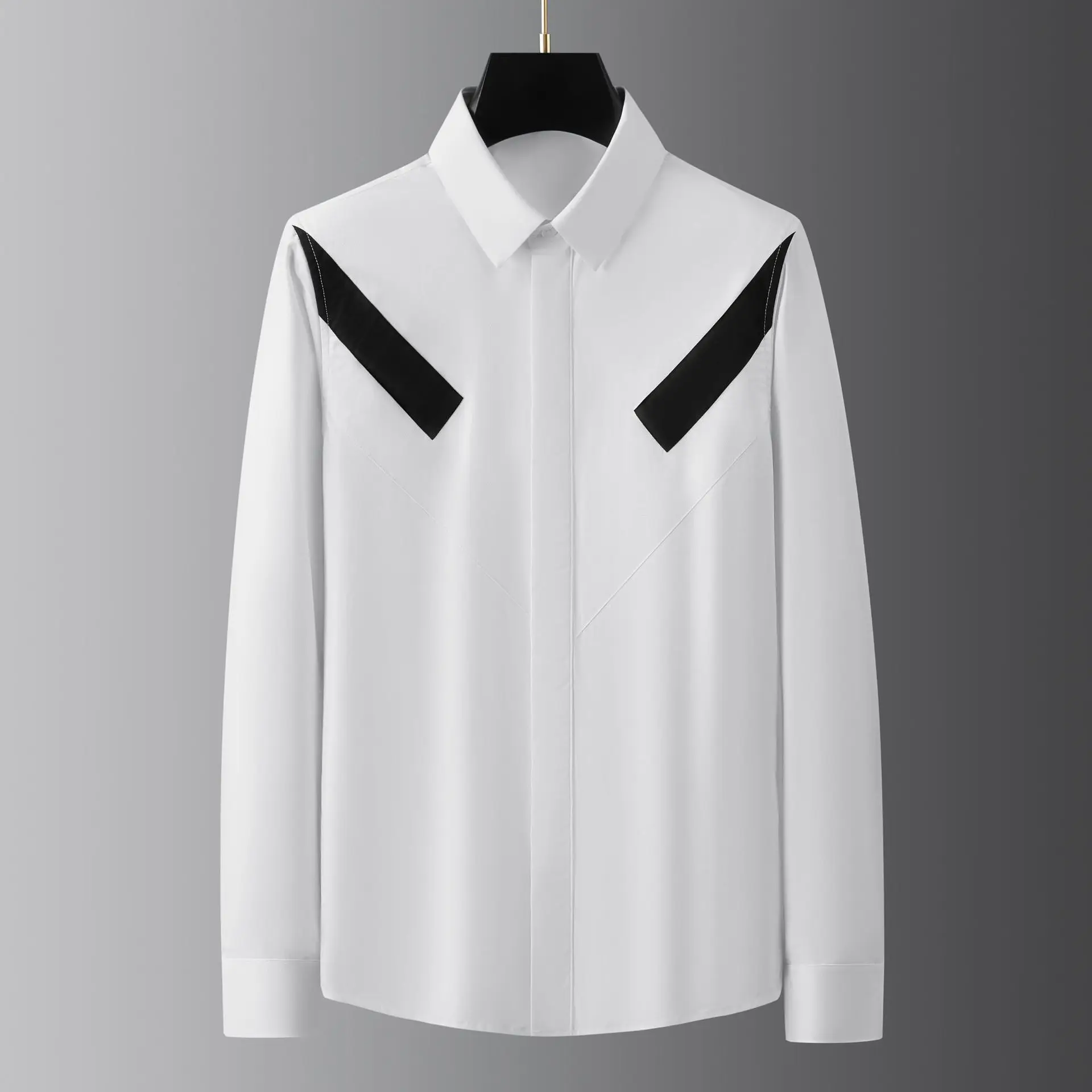 Бренд 2023, осенние черно-белые рубашки для мужчин, модные повседневные деловые рубашки в стиле пэчворк с длинным рукавом, Социальная уличная блузка