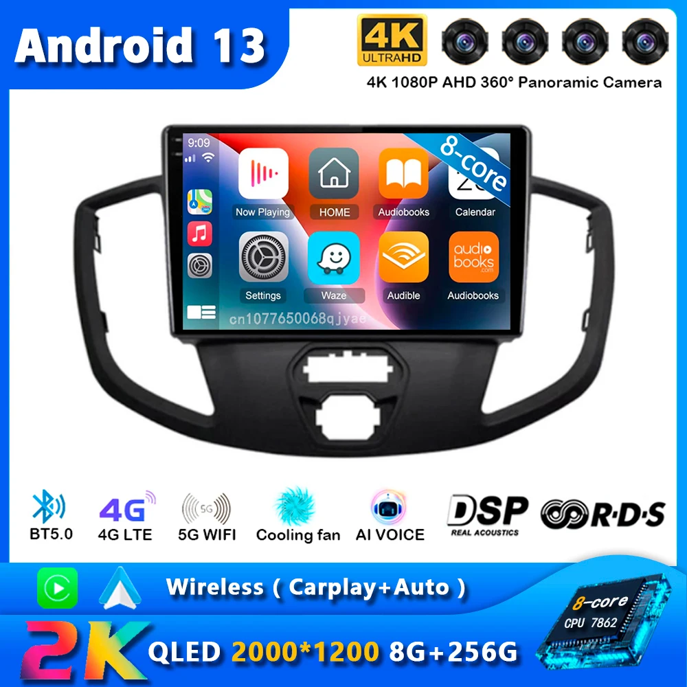 Автомагнитола Android 13 Carplay для Ford Transit 2015 2016 2017 2018 Навигация GPS Мультимедийный плеер стерео wifi + 4G видео Auto BT