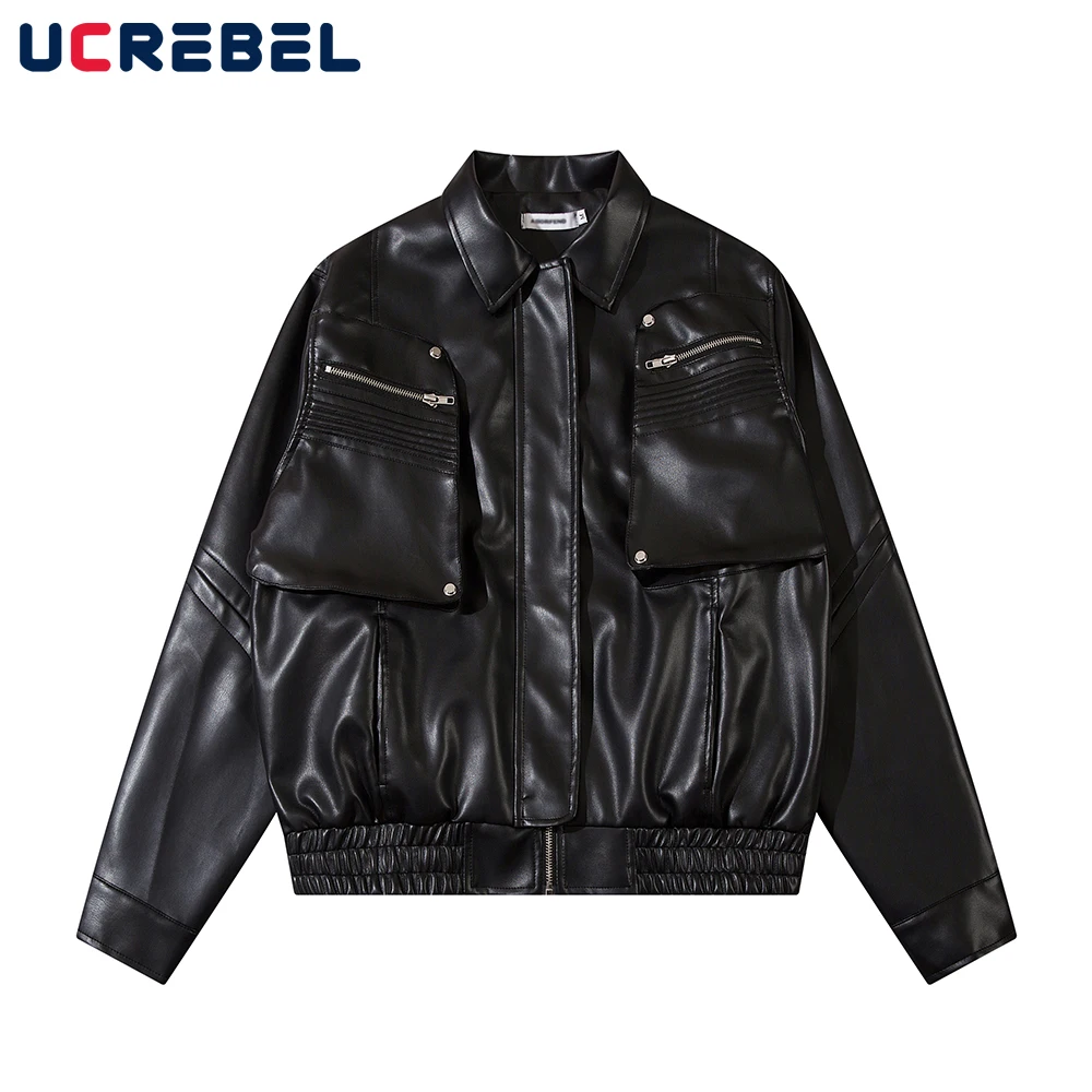 Карманная мотоциклетная кожаная куртка мужская сращенная осенне-зимняя уличная одежда с отворотом, свободная куртка с длинным рукавом, мужская