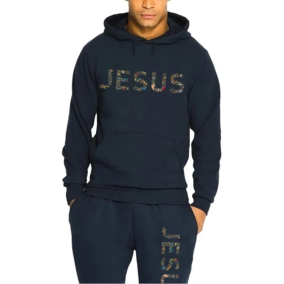 Новый мужской спортивный костюм с капюшоном с красочным принтом Иисуса + Спортивные штаны для бега, Повседневная толстовка, комплекты брюк, Дизайнерский мужской спортивный костюм