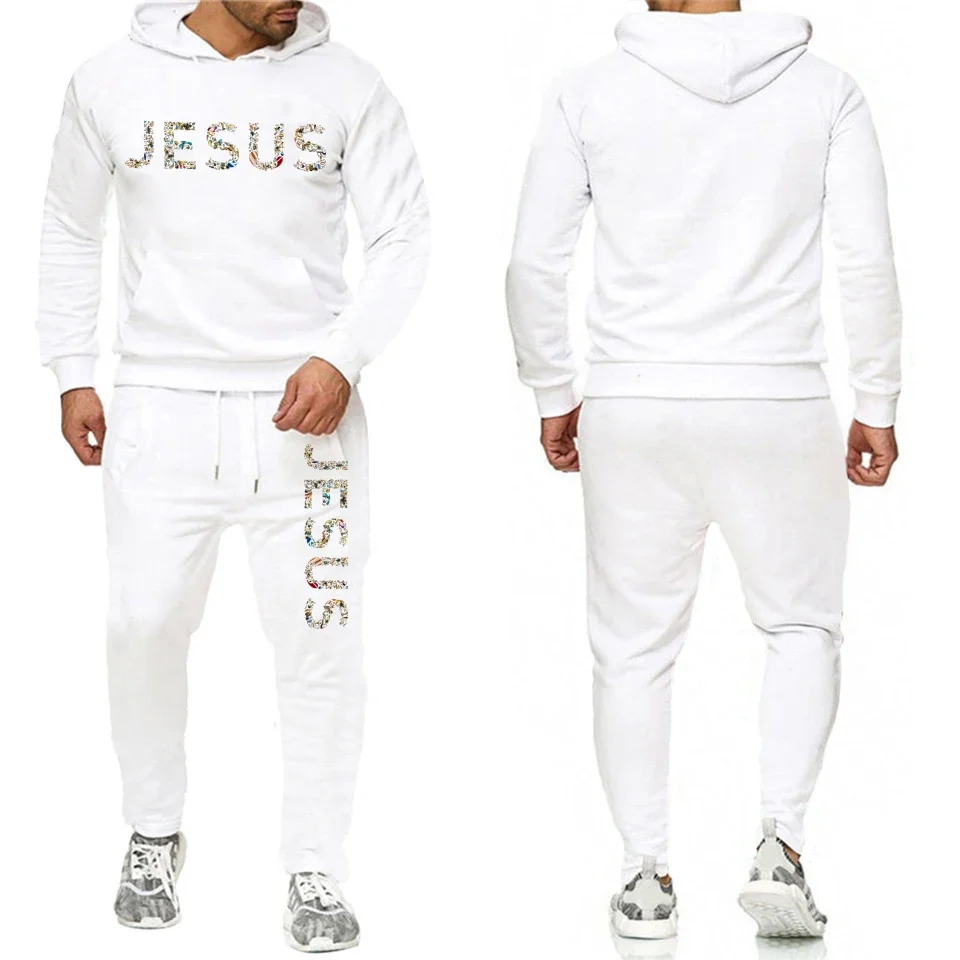 Новый мужской спортивный костюм с капюшоном с красочным принтом Иисуса + Спортивные штаны для бега, Повседневная толстовка, комплекты брюк, Дизайнерский мужской спортивный костюм