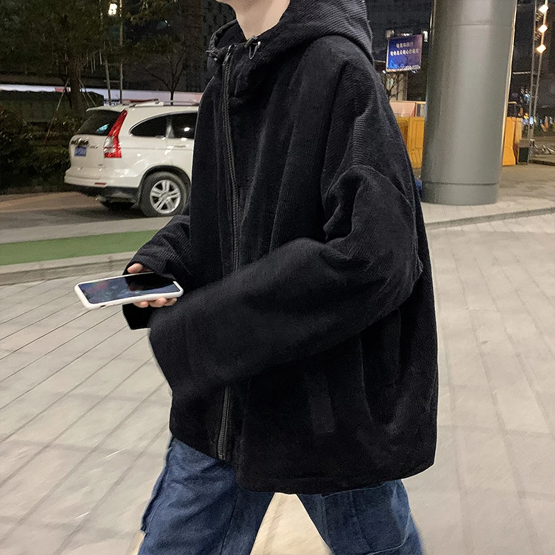Куртки Мужские Винтажная уличная одежда из однотонного вельвета с капюшоном, простая мода Harajuku, Модная свободная одежда Ins, Классическое универсальное ретро